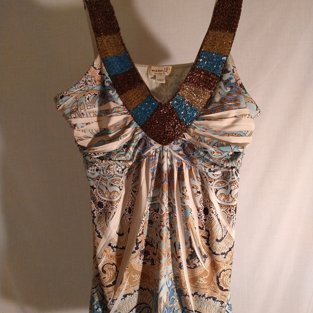 ONE WORLD Beaded V-Neck Paisley Tank Top in Cream, Blue, Gold